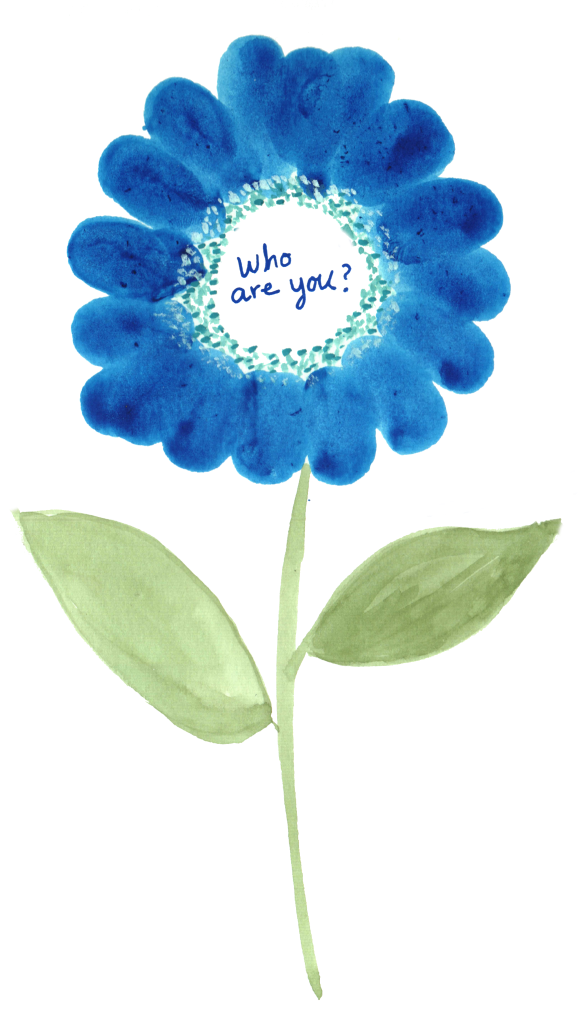 Blue thumbprint flower with the words who are you