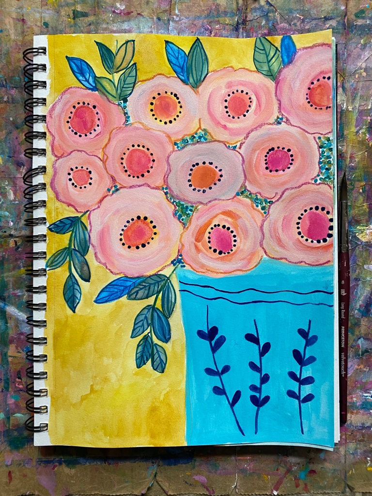 pink abstract expressive flowers in a blue vase. This painting is on a yellow background